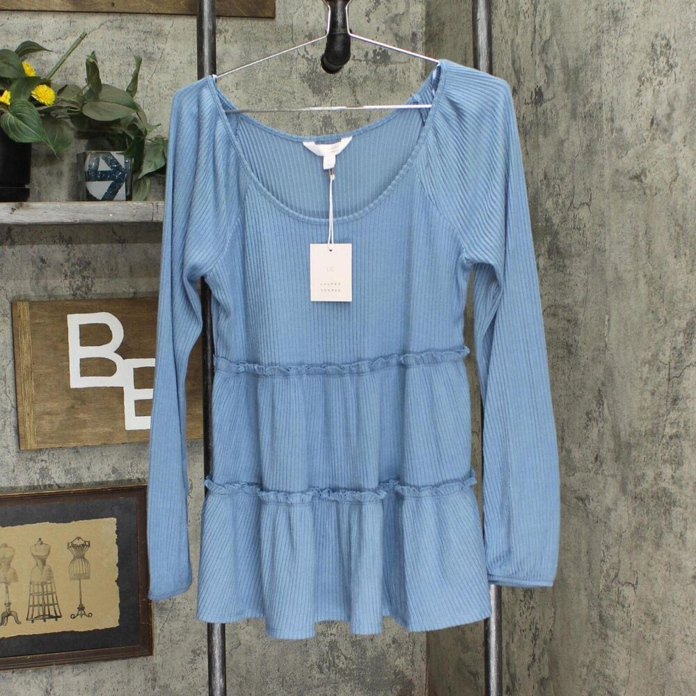NWT Lc Lauren Conrad Womens Cozy Tiered Tunic Blouse WL24K000RS M Scrub Blue - Picture 2 of 5
